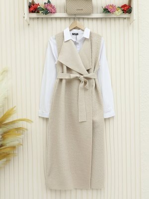 Bej Kemerli Uzun Buklet Yelek