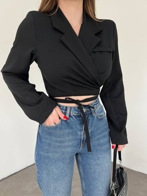Siyah Sırt Dekolteli Beli Bağcıklı Crop Ceket
