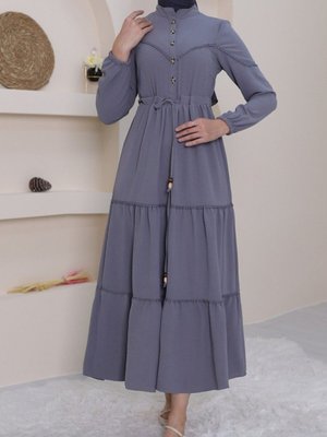 Gri Yarım Düğmeli Parçalı Bağcıklı Elbise