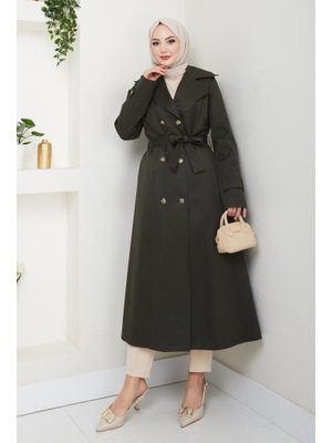 Düğmeli Kuşaklı Haki Trençkot