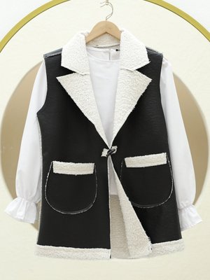 Ekru İçi Kuzu Peluş Çift Cepli Yelek