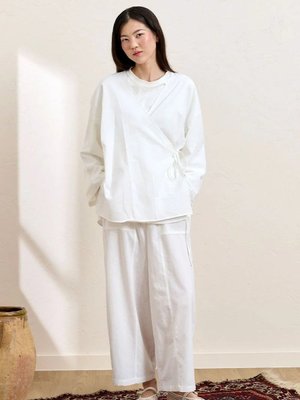 Beyaz Organik Keten Bağlamalı Tunik & Şalvar Pantolon Takım