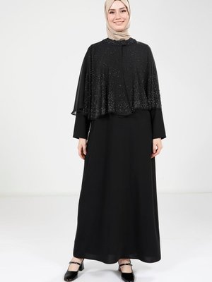 Pelerinli Siyah Elbise 9308