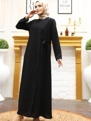 Siyah Önü Taş Detaylı Çift Kat Yandan Bağlamalı Ferace