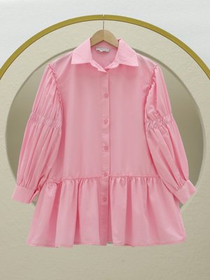 Pembe Koldan Büzgülü Fırfır Detaylı Gömlek