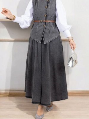 Füme Çapraz Düğmeli Kemerli Yelek Etek Kot İkili Takım