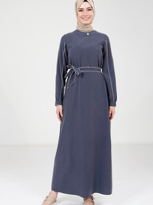 İndigo Biye Detaylı Kemerli Elbise