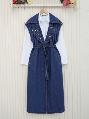 İndigo Önü Taş Detaylı Kemerli Kot Yelek