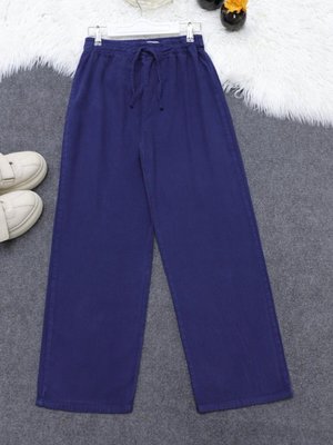 Koyu Lacivert Bağcık Detaylı Bol Paça Beli Lastikli Keten Pantolon Koyu Lacivert Bağcık Detaylı Bol Paça Beli Lastikli Keten Pantolon