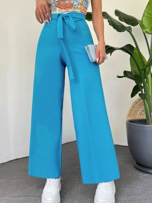 Mavi Beli Bağcıklı Double Bol Paça Pantolon