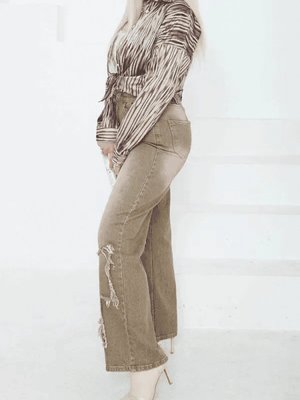 Yeşil Yüksel Bel Püskül Detaylı Palazzo Jean Kot Pantolon