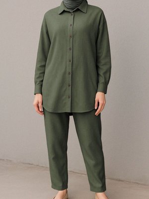 Haki Boydan Düğmeli Pantolon Gömlek Keten İkili Takım