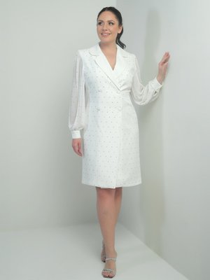 Ekru Kruvaze Yaka Önü Düğmeli Şifon Kollu Boncuklu Büyük Beden Kısa Elbise