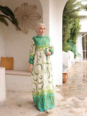 Yeşil Ankanoor Etnik Desenli Viskon Elbise