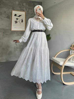 Beyaz Fisto İncili Uzun Etek