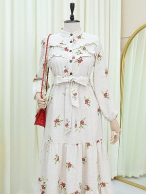 Nar Çiçeği Önü Fırfırlı Yarım Düğmeli Parçalı Keten Elbise