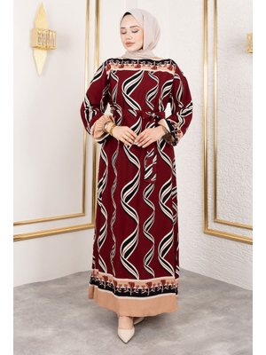 Bordo Gül Desenli Viskon Elbise