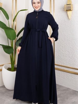 Lacivert Boydan Fermuarlı Kolu Lastikli Beli Kemerli Ferace