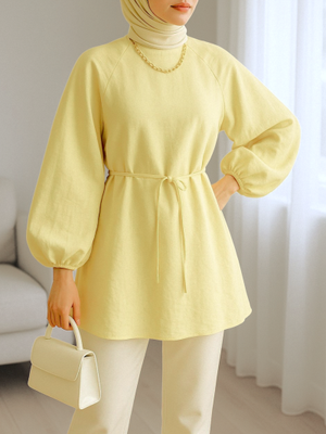 Açık Sarı Yuvarlak Yaka Beli Bağcıklı Balon Kol Tunik