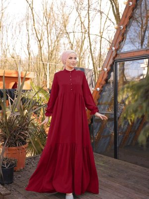 Bordo Yarım Patlı Katlı Elbise