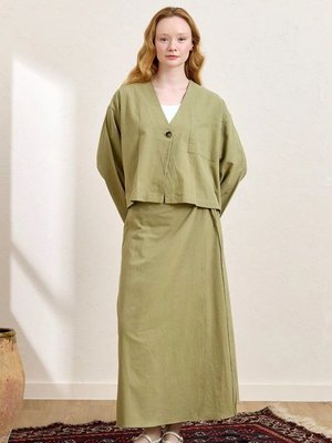 Haki Organik Keten Tek Cepli Ceket