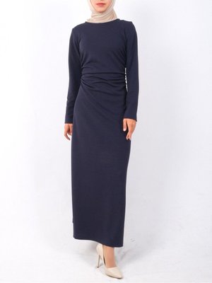 Lacivert Belden Büzgülü Örme Krep Likralı Elbise Lacivert Belden Büzgülü Örme Krep Likralı Elbise