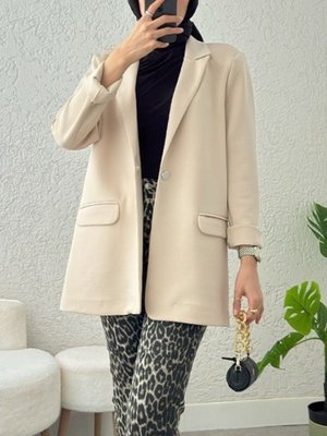 Bej Cepli Tek Düğmeli Likralı Ceket