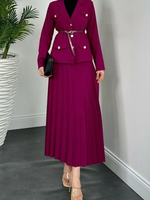 Mor Eteği Piliseli Kemerli Düğmeli Ceketli İkili Takım