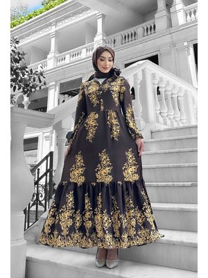 Kahverengi Sultan Desenli Viskon Elbise