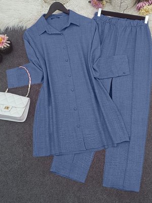 İndigo Top Düğme Gömlek Pantolonlu İkili Takım