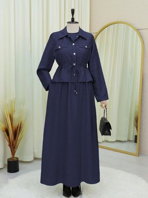 Lacivert Metal Düğmeli Beli Bağlamalı Jile Gömlek Elbise