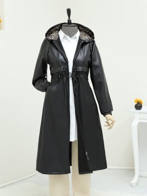 Siyah Tünel Bağcıklı Kapüşonlu Fermuarlı Deri Kap