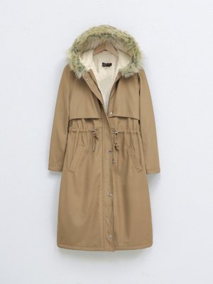 Vizon İçi Peluşlu Sabit Kapşonlu Tünel Bağcıklı Uzun Mont