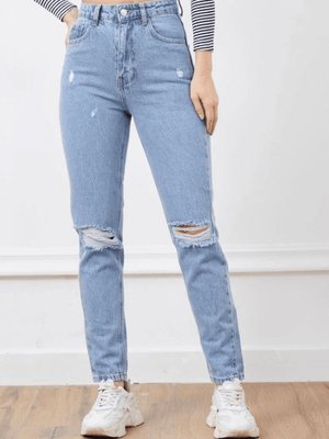Mavi Yüksek Bel Yırtmaçlı Mom Jean Pantolon