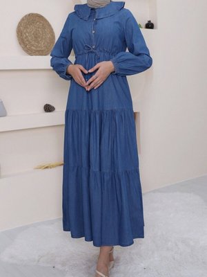 Mavi Bebe Yaka Yarım Düğmeli Kolu Lastikli Kot Elbise