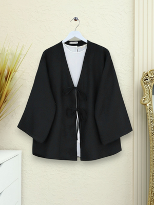 Siyah Önü Bağcıklı Keten Kimono