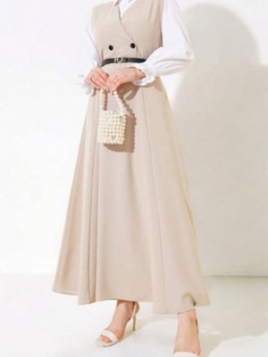 Bej Önü Çift Düğmeli Kemerli Jile