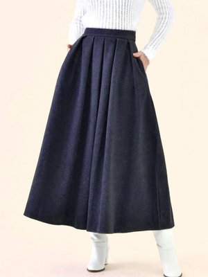 Lacivert Uzun Pileli Fermuarlı Kaşe Etek