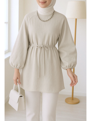 Taş Yuvarlak Yaka Beli Bağcıklı Balon Kol Tunik