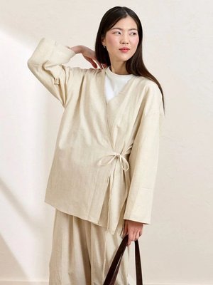 Krem Organik Keten Bağlamalı Tunik