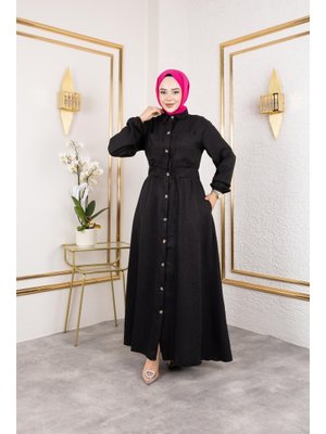 Cep Detaylı Düğmeli Bel Lastikli Siyah Elbise