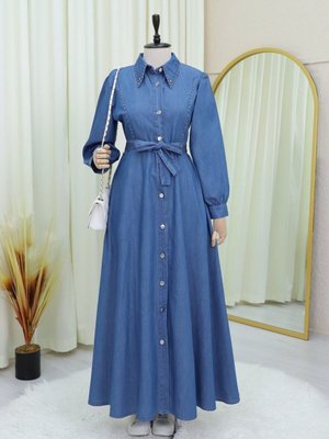 Mavi Belden Bağlamalı Önü Düğmeli Boncuklu Kot Elbise