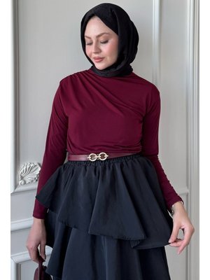 Omuzu Pileli Bordo Bluz Omuzu Pileli Bordo Bluz