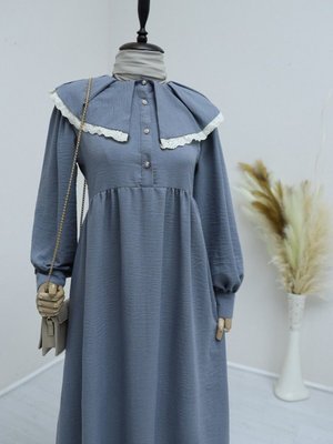 Gri Önlük Yaka Büzgülü Yarım Düğme Keten Elbise