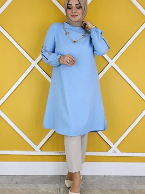 Buz Mavi Koları Detaylı Kolyeli Tunik