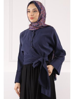 Lacivert Bel Bağlamalı Modal Gömlek Lacivert Bel Bağlamalı Modal Gömlek