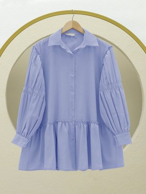 Mavi Koldan Büzgülü Fırfır Detaylı Gömlek