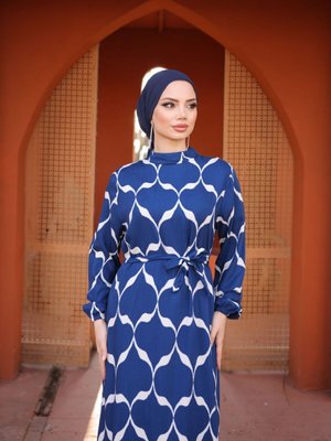 Lacivert Ankanoor Geometrik Desenli Viskon Elbise