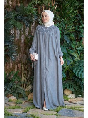 Gri Denim İncili Tensel Ferace