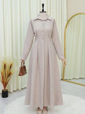 Bej Yarım Düğmeli Beli Lastikli Keten Elbise Bej Yarım Düğmeli Beli Lastikli Keten Elbise